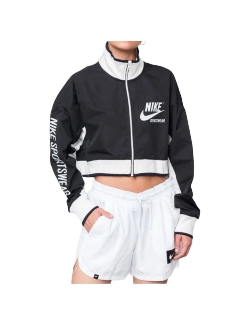 NIKE black white spell out cropped full zip track jacket S